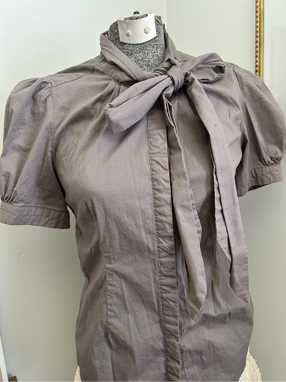 Costa Blanca Gray Tie-Neck Short Sleeve Button Down Blouse